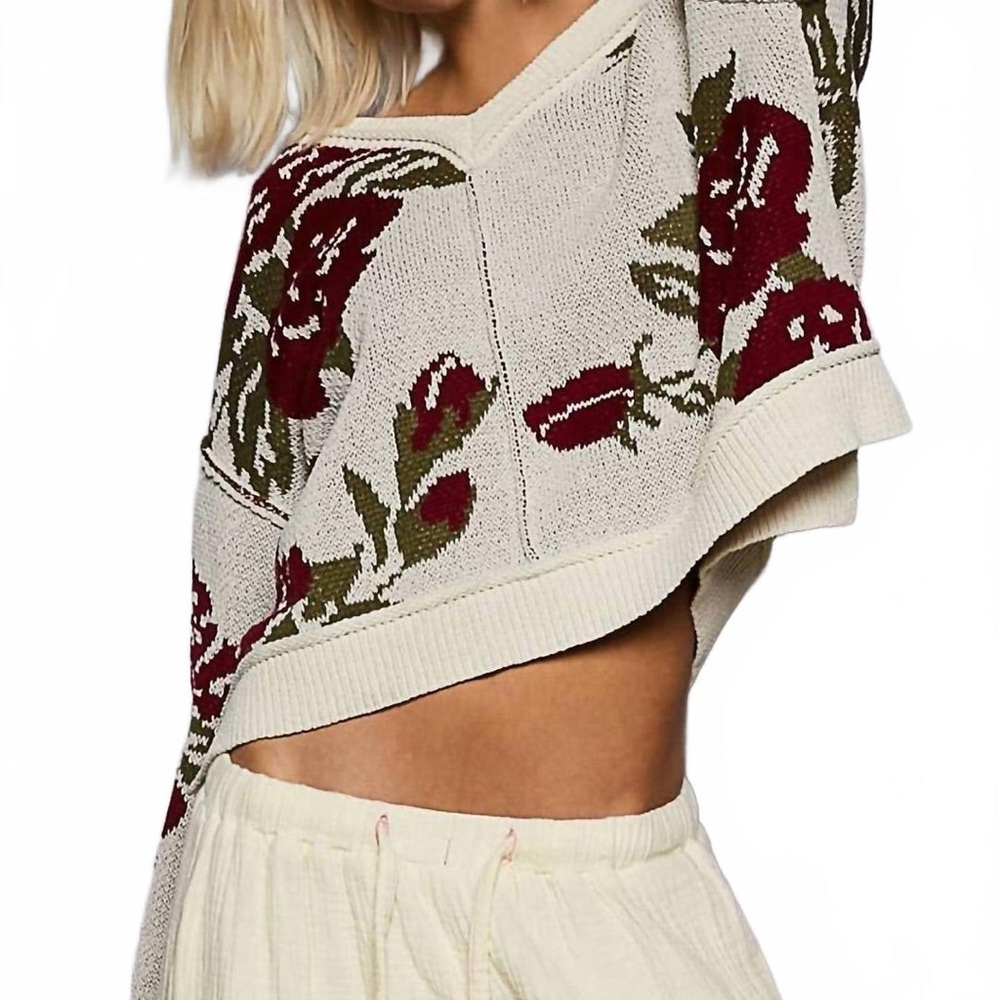 NEW🤎POL Long Sleeve Contrast Floral Sweater Top Small Oversized Cream - Picture 2 of 6